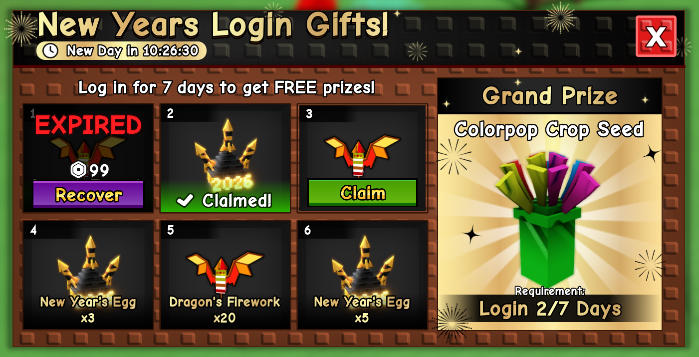 new year grow a garden login gift